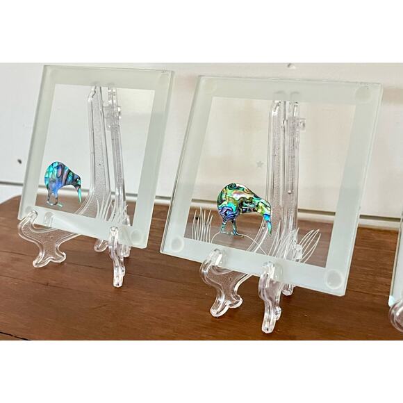 Smashing Glass Kiwi Moon Abalone Coasters Handcrafted New Zealand Box Set of 4 - Picture 14 of 15